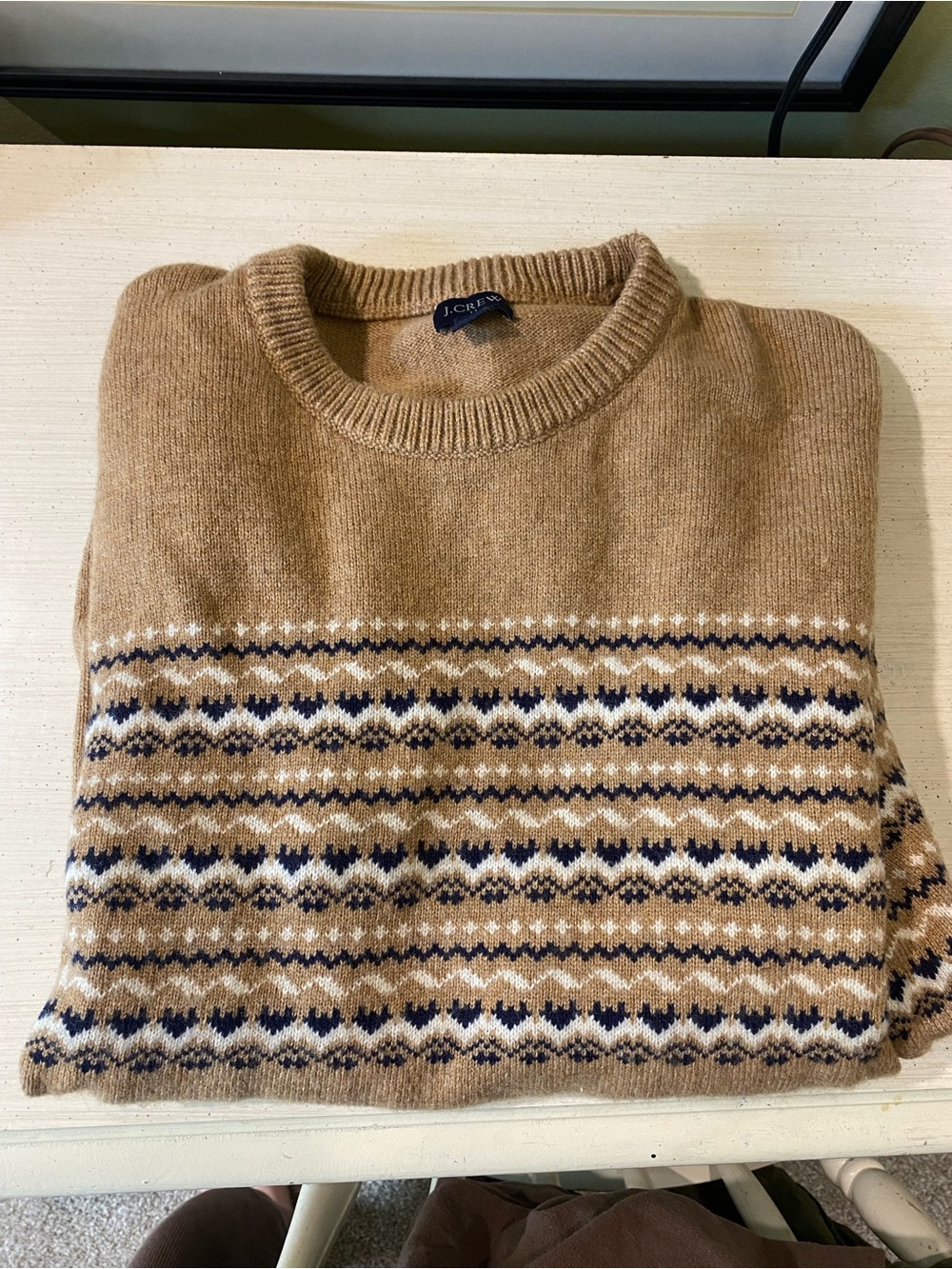 J. Crew Men’s Camel Crewneck with Black & Cream Fair Isle
